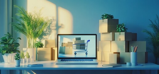 A modern workspace with a laptop displaying a shopping cart and cardboard boxes.