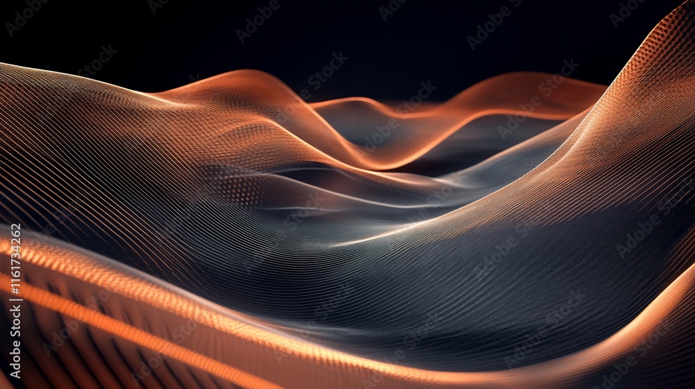 Poster abstract orange and dark wavy lines forming a flowing pattern on a black background.