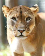 A close-up of a lioness displaying a calm and focused expression.