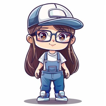 recommend clip art: Cute cartoon girl in overalls and hard hat, female construction worker illustration