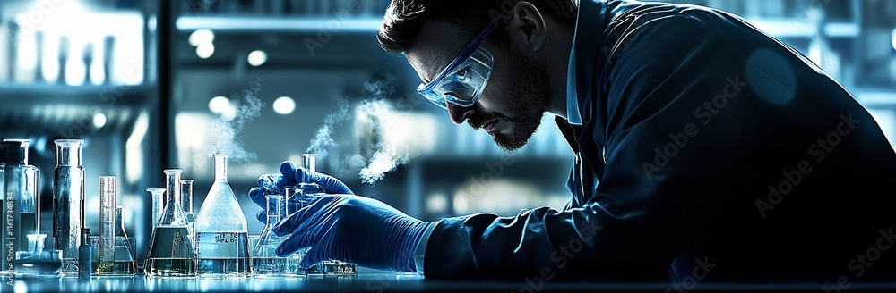 Poster scientist in lab coat conducts experiment, using beakers and glassware.