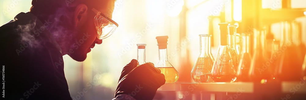 Poster scientist examining chemicals in lab.