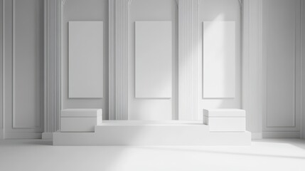 Minimalist White Room Display With Platforms and Panels