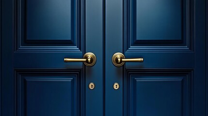 Blue door with brass handle against dark blue black background - Adobe Stock Title
