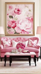 Pink Sofa With Floral Painting And Matching Pillows