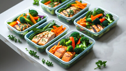 Healthy Meal Prep Containers with Vegetables and Grilled Salmon