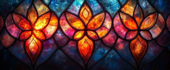 Vibrant Stained Glass Window with Floral Design - Abstract Art Background