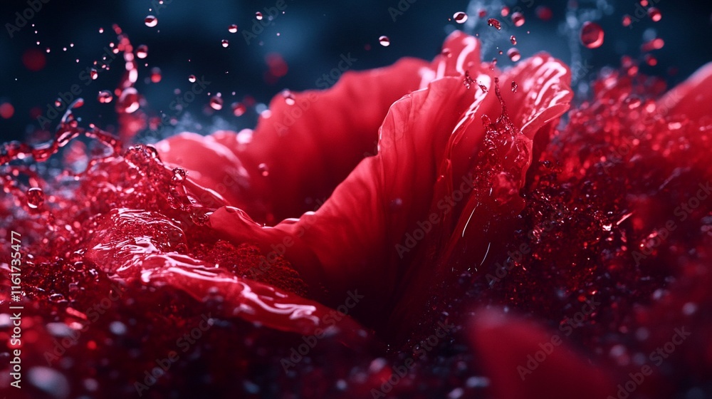 Poster abstract red liquid splash forming a flower shape with water droplets.