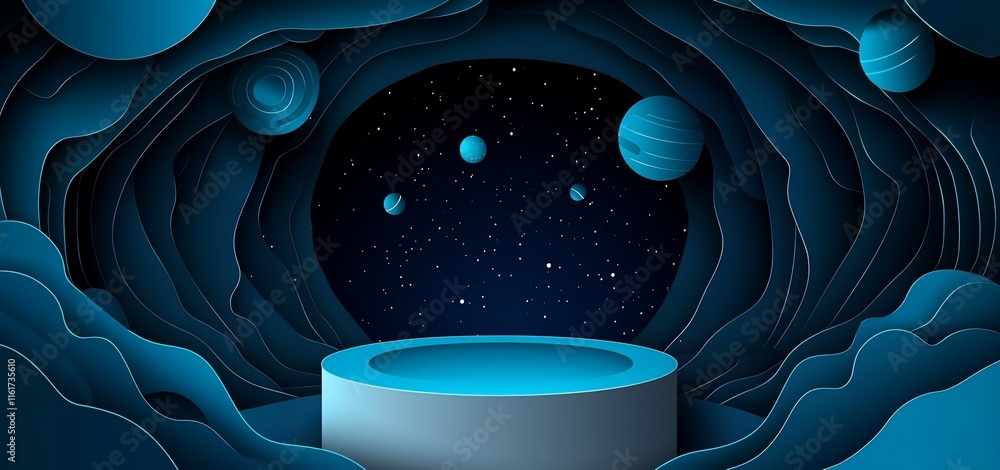 Aufkleber abstract cosmic scene with a cylindrical platform in a paper-cut style.