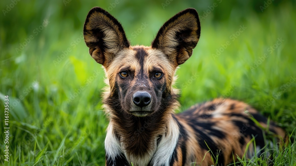 Poster a striking dog with large ears and a unique coat pattern resting in green grass.