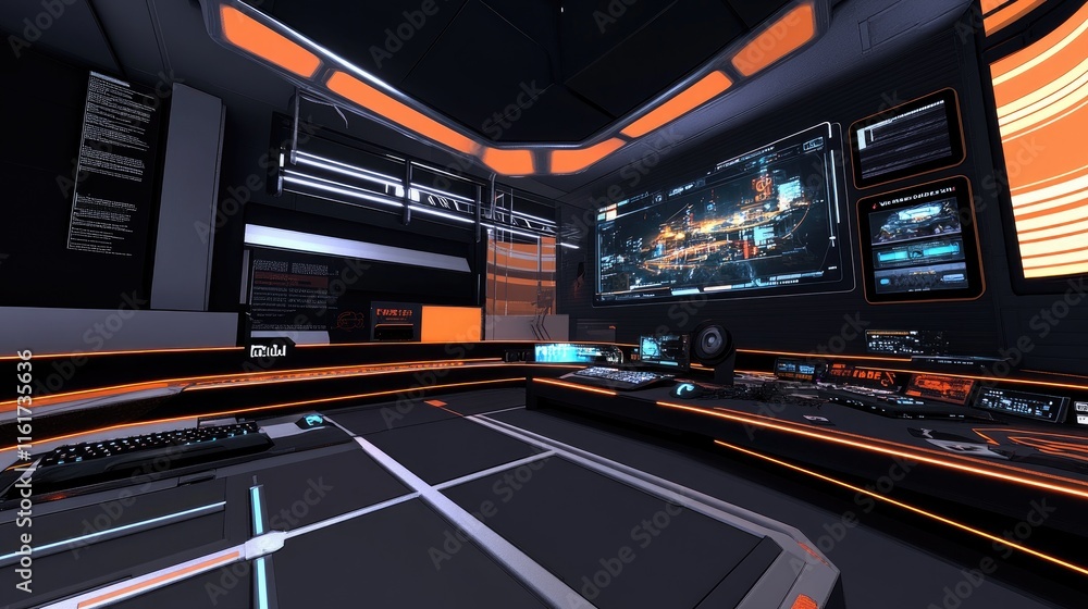 Poster a futuristic control room with sleek design and advanced technology interfaces.