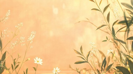 Soft light illuminates delicate wildflowers and foliage against a warm, blurred background.