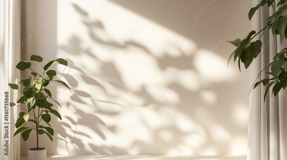 Poster sunlight streams through window, casting shadows on a beige wall with potted plants flanking it.