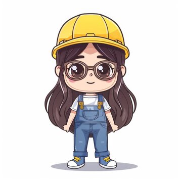 recommend clip art: Cute cartoon girl in overalls and hard hat, female construction worker illustration