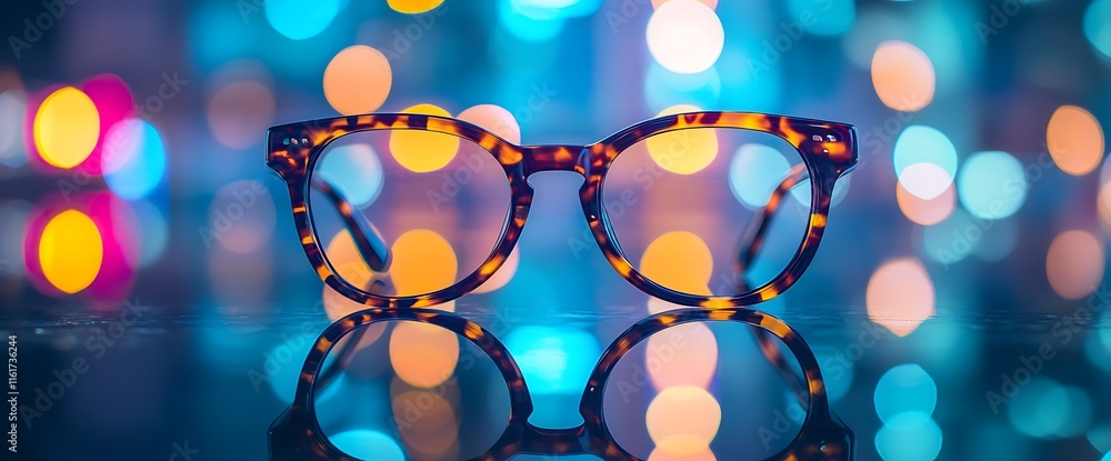 Poster a pair of eyeglasses resting on a reflective surface with colorful bokeh lights.