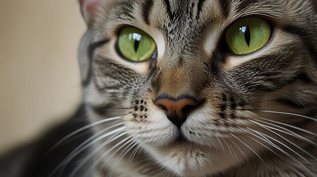 A close-up of a Bengal catâ€™s expressive green eyes and distinctive spotted coat, framed against a softly blurred neutral background.