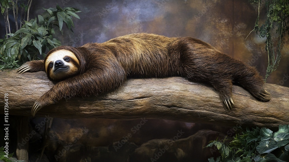 Poster Relaxed sloth lying on a tree branch in a jungle-like setting.