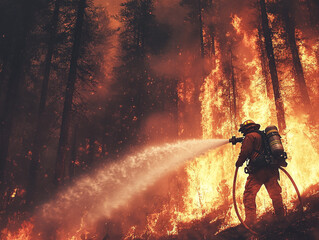 Firefighter battling intense wildfire in dense forest during evening hours