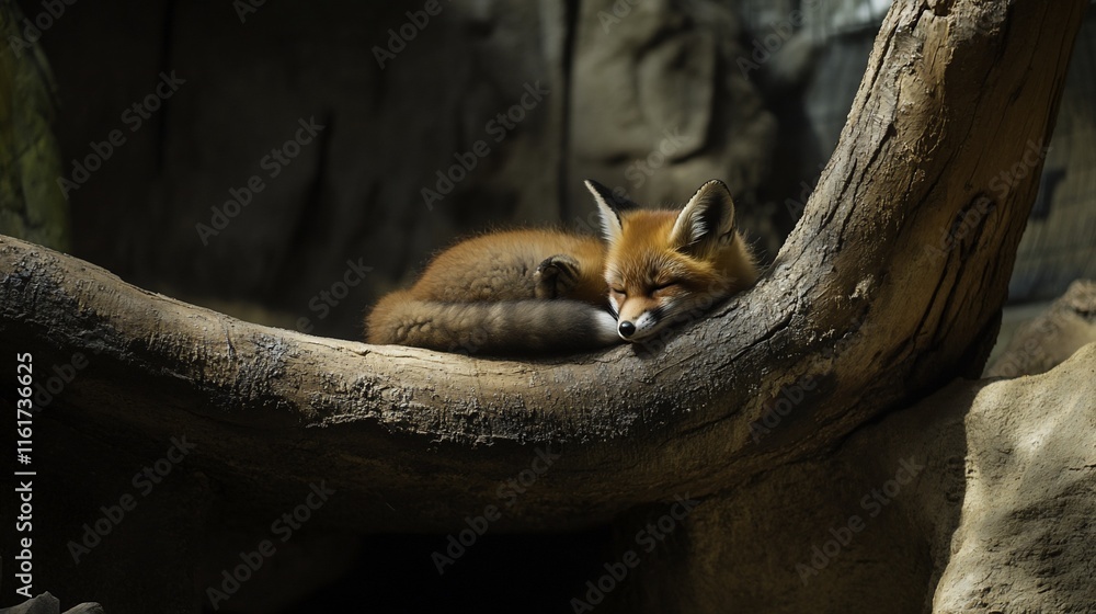 Poster a red fox cub sleeps soundly curled up on a large, weathered tree branch in a dimly lit environment.
