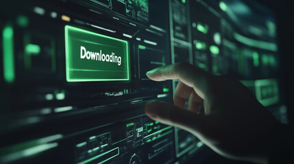  The scene shows a clean, modern screen with the large word  Downloading  warning on the screen with green color accent and loading bar below it, The person’s hand hovers over the screen,  