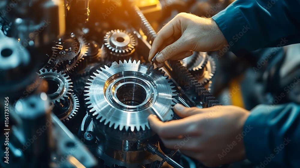 Poster a person assembling gears in a mechanical setting, showcasing precision work.