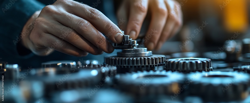 Poster a person assembling gears in a workshop, showcasing precision and craftsmanship.