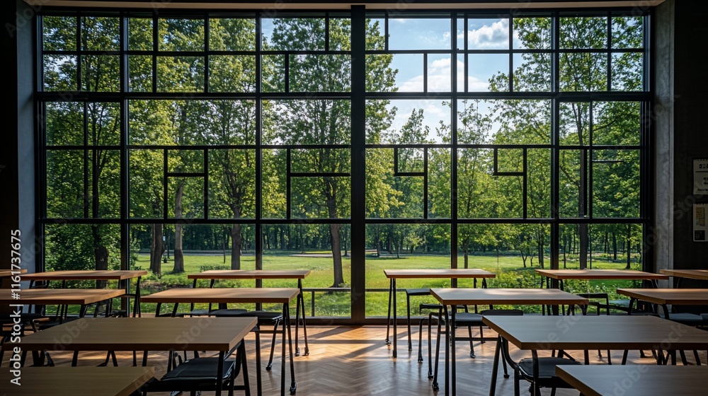 Poster sunlit classroom with large windows overlooking a park.