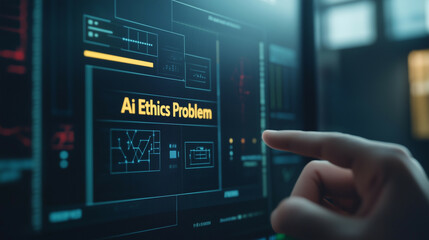  The scene shows a clean, modern screen with the large word  Ai Ethics Problem  on the screen with yellow color accent and capital letters and there is minimalist network image below it