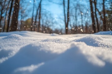 Snowy ground with sunlit bokeh and trees.