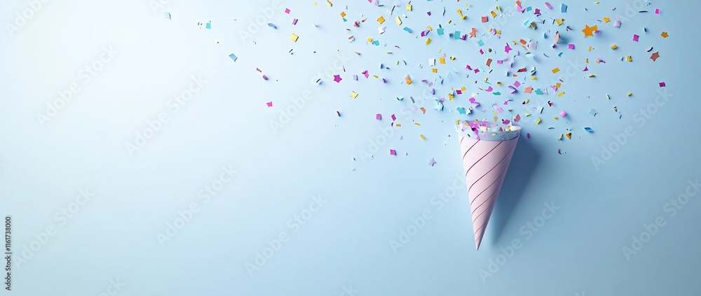 Poster pink cone overflowing with colorful confetti on a light blue background.