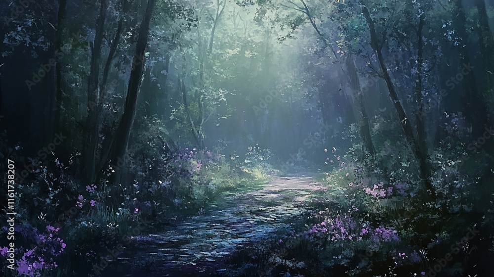 Poster Mystical forest path with soft light filtering through dense trees and purple flowers.