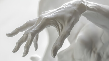 A close-up of a hand gracefully reaching out, sharp focus on the fingers with a blurred white background, emphasizing simplicity and serenity