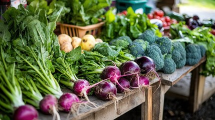 A close-up of freshly harvested organic vegetables laid out on a table in a small farm&acirc;&euro;&trade;s garden