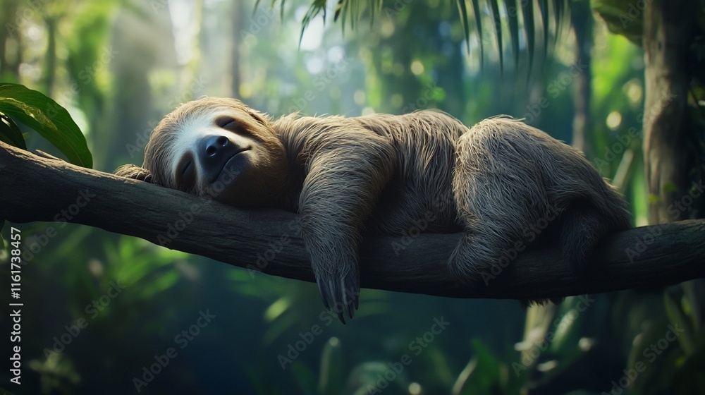 Poster a sloth sleeps peacefully on a tree branch in a lush rainforest.