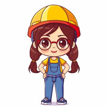 recommend clip art: Cute cartoon girl in overalls and hard hat, female construction worker illustration