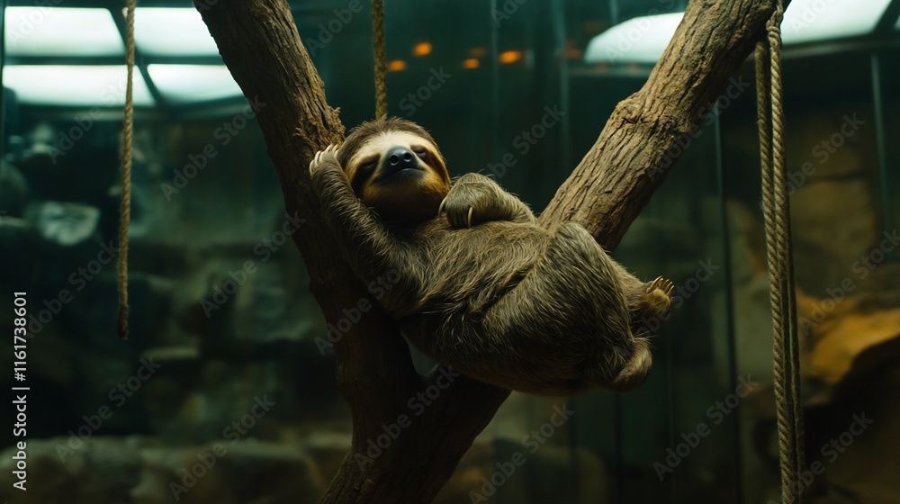 Poster A sloth sleeps soundly clinging to a tree branch in its enclosure.