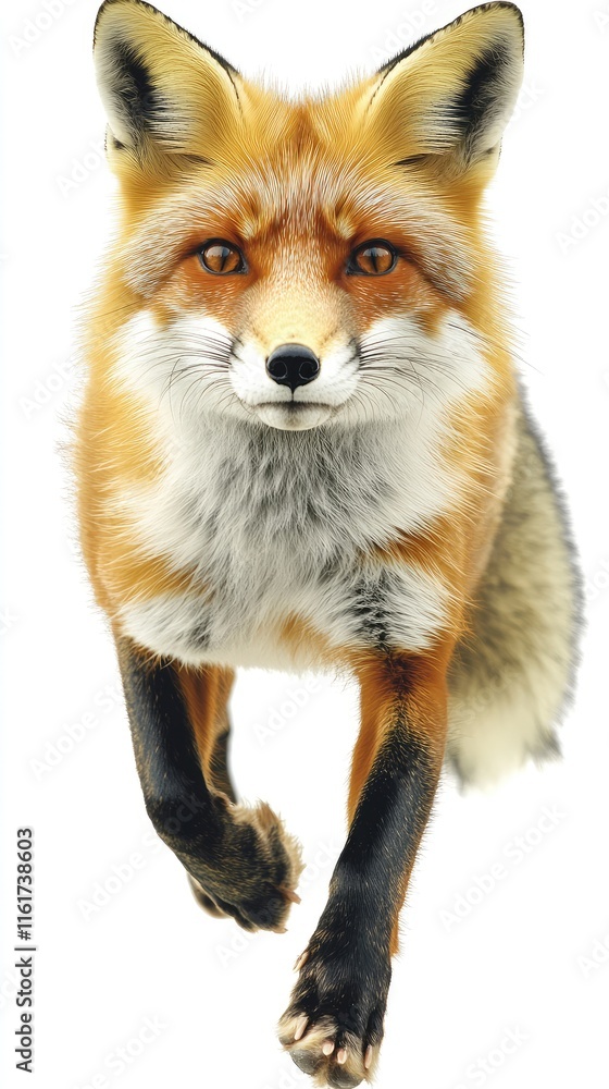 Poster a realistic depiction of a fox running towards the viewer, showcasing its vibrant fur and expression