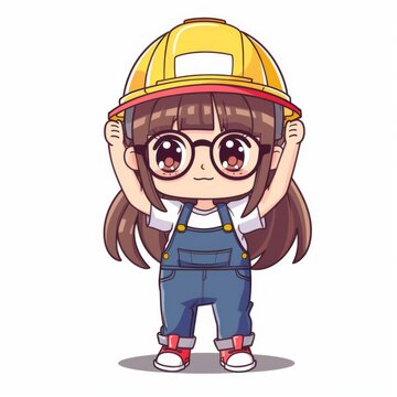 recommend clip art: Cute cartoon girl in overalls and hard hat, female construction worker illustration