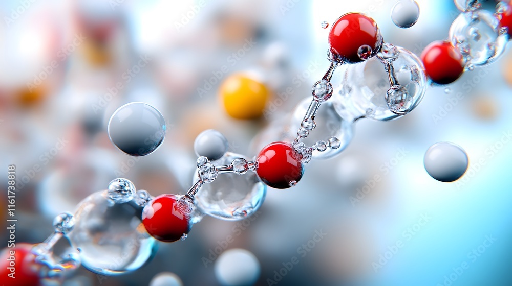 Poster abstract molecular structure with red and transparent spheres connected by bonds on a blurred colorf