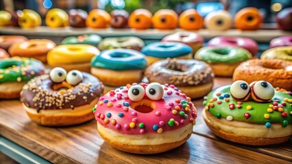 Colorful donuts with big round eyes and smiling faces, sitting on a table in a bakery, yum, treats