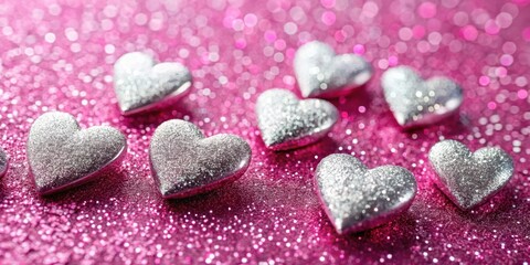 Fototapeta premium A cluster of silver glittered heart-shaped decorations scattered across a pink sparkle background, wedding decor, silver glitter