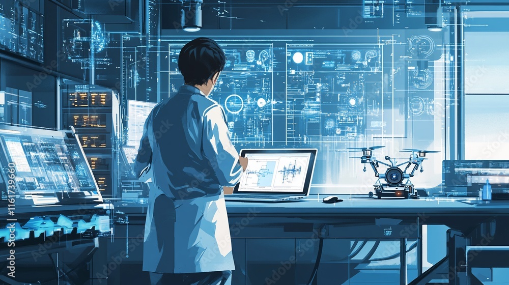 Poster Scientist working with data on laptop in futuristic lab.