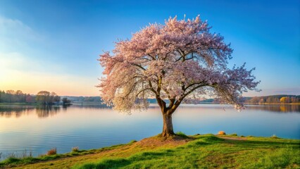 A blooming cherry blossom tree stands alone against a tranquil lake backdrop at Fr?hling am Krakower See in Mecklenburg, lake, blossom tree