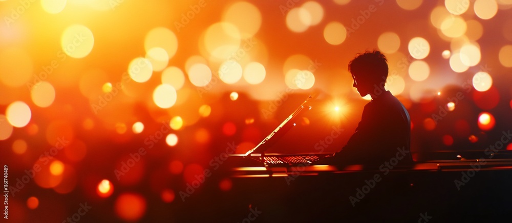 Poster silhouetted musician playing keyboard on stage with warm bokeh lighting.