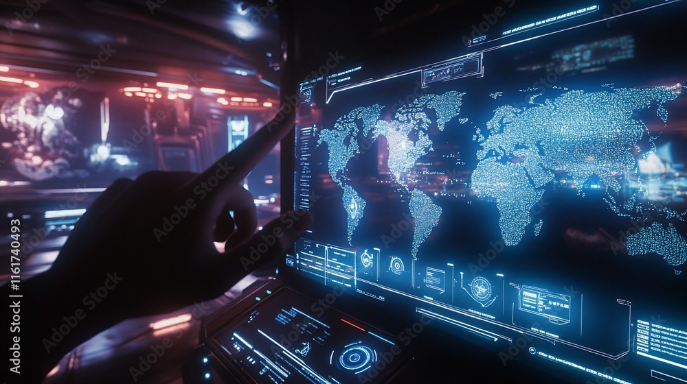 Aufkleber Hand interacts with a futuristic holographic world map displayed on a high-tech screen.