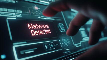 Fototapeta premium The scene shows a clean, modern screen with the large word Malware Detected warning on the screen with red color accent and capital letters and alert icons
