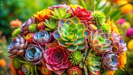 Vibrant colored succulent flowers arranged in a beautiful bouquet with lush green leaves and stems , garden decoration, flower arrangement