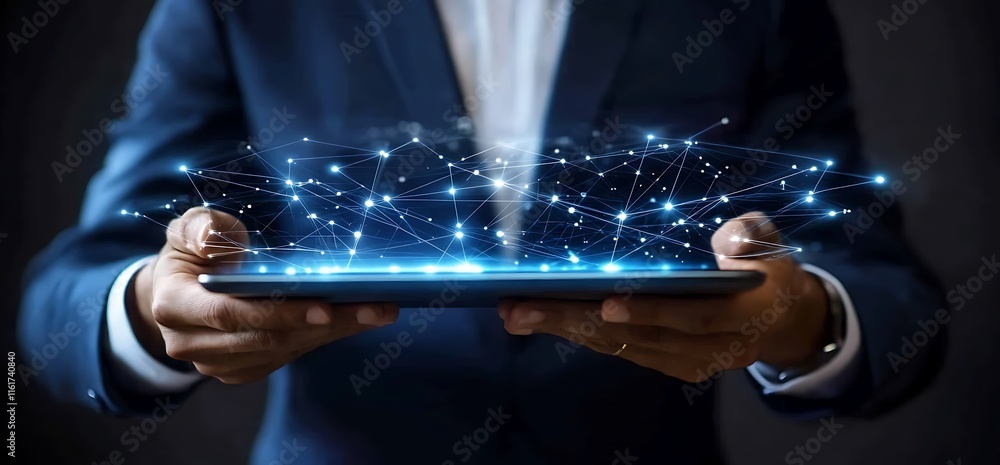 Poster a person in a suit holds a tablet displaying a digital network visualization.