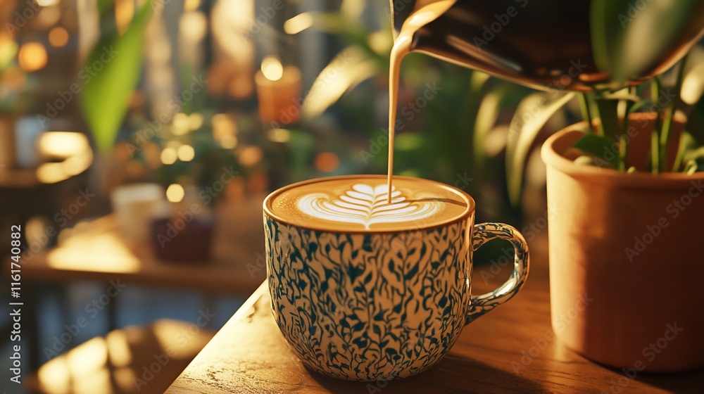 Poster latte art being poured into a patterned mug on a wooden table in a cafe.