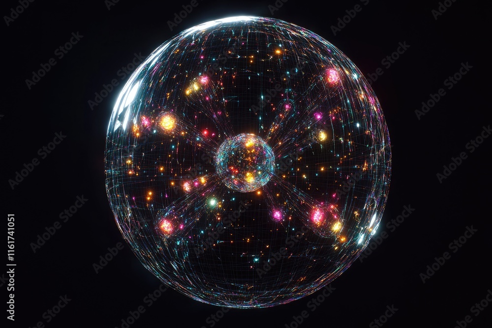 Poster a colorful, abstract representation of a particle or atom in a cosmic setting.